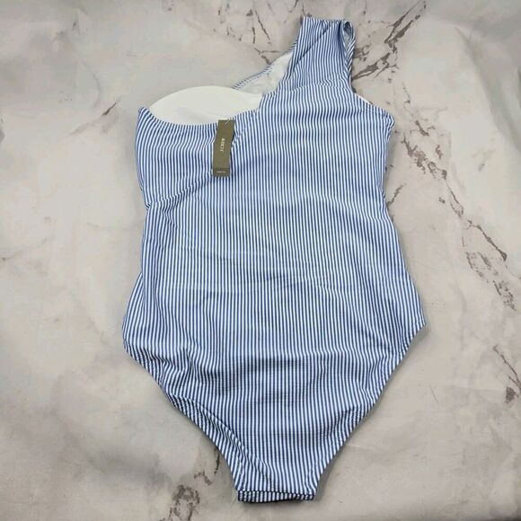 J Crew Swim 12 Blue One Piece Shoulder Ruched Bikini Full Coverage Seersucker - Picture 4 of 9